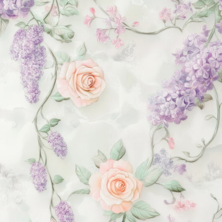 A soft watercolor floral illustration with trailing vines, roses, and lilacs in light pastel tones of pink, lavender, and mint. The elegant brushstrokes create a dreamy, romantic atmosphere.の素材