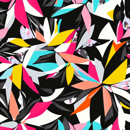 A modern geometric floral illustration with abstract, angular flowers and leaves in bold, contrasting colors like black, white, and neon hues. The sharp shapes and colors give the design a striking, edgy look.の素材