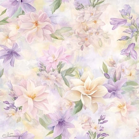 A soft watercolor floral illustration with delicate gardenias, peonies, and lilies in shades of soft pink, lavender, and cream. The gentle brushstrokes create a serene and calming effect.の素材