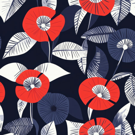 A bold, modern floral illustration with geometric flowers and leaves in sharp, contrasting colors like red, navy blue, and white. The graphic design feels contemporary and striking.の素材