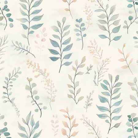 A soft, pastel-toned leaf illustration featuring delicate, small ferns and eucalyptus leaves. The light colors and fine details make this design perfect for nursery decor or calm, peaceful interiors.の素材