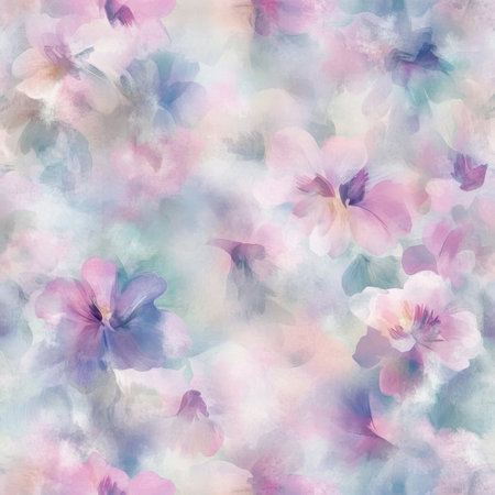 A dreamy, ethereal floral illustration with soft, blurred flowers in pastel shades of pink, lilac, and blue. The soft watercolor strokes evoke a sense of serenity and beauty.の素材