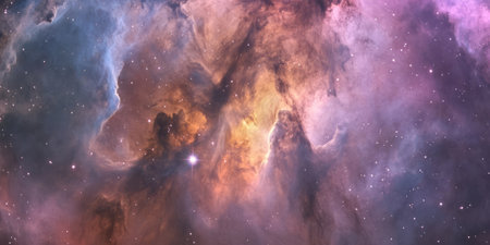 Vast deep-space nebula with swirling purple, pink, and indigo clouds illuminated by distant glowing stars. Ethereal gaseous textures create a surreal cosmic effect.の素材