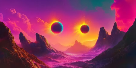 A futuristic alien sky filled with three vibrant suns, casting surreal multicolored shadows across a gaseous exoplanetÃ¢â¬â¢s landscape.の素材