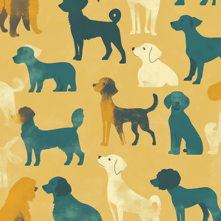 A vintage-inspired pet illustration featuring silhouettes of different breeds of dogs, like collies, poodles, and beagles, with a retro color palette of mustard yellow, teal, and cream.の素材