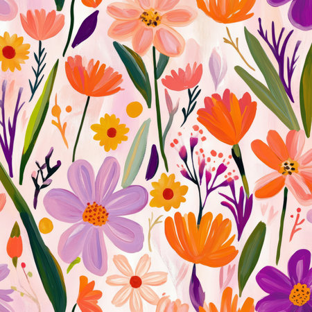 A whimsical floral illustration with playful, hand-painted flowers like daisies, tulips, and daisies in bright, cheerful colors like orange, pink, and purple. The design has a carefree, fun vibe.の素材