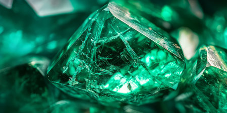 Emerald green gemstone close-up with intricate inclusions, polished glossy surfaces, and radiant highlights reflecting deep, rich colors.の素材