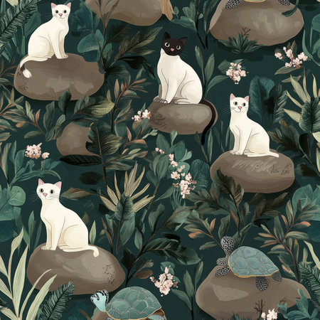A calm, nature-inspired illustration with Siamese cats, cockatoos, and turtles sitting on rocks surrounded by greenery. The soothing color scheme of deep green, brown, and soft blues creates a peaceful, tranquil design.の素材