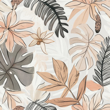 A hand-drawn boho tropical illustration with delicate palm leaves, monstera, and soft pastel florals. Light earthy tones and subtle textures add a natural, organic feel to this artistic botanical design, ideal for fabric prints and home decor.の素材
