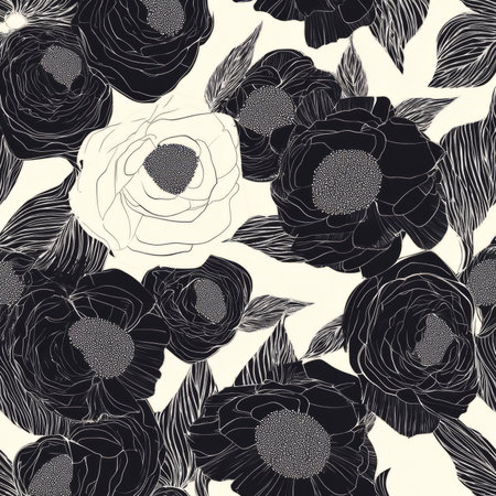 A modern, abstract floral illustration with graphic flowers like roses and daisies rendered in bold, minimalistic shapes. The monochrome palette and clean lines create a contemporary, high-fashion aesthetic.の素材