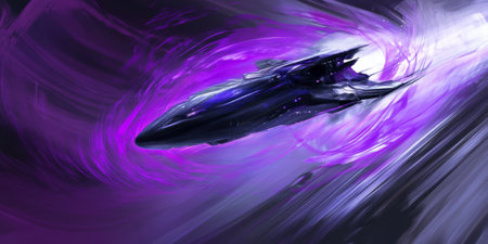 A futuristic vision of a spaceship breaking through the event horizon of a black hole, surrounded by swirling violet gravitational waves.の素材