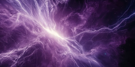 A luminous purple and cyan plasma storm tearing through the cosmos, charged energy crackling in electric arcs across the void.の素材
