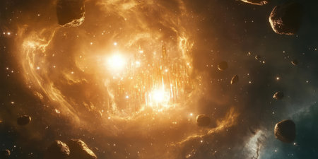 A surreal celestial city floating within a nebula, with glowing skyscrapers made of pure light, surrounded by orbiting asteroid belts.の素材