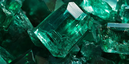 Emerald green gemstone close-up with intricate inclusions, polished glossy surfaces, and radiant highlights reflecting deep, rich colors.の素材