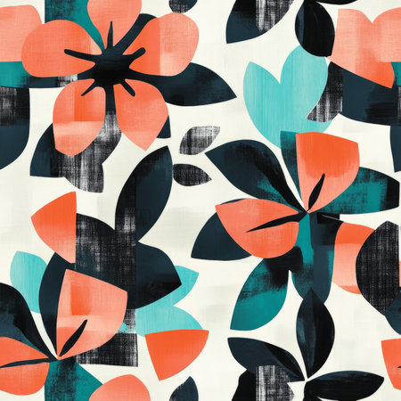 A modern, abstract floral illustration with bold petals and geometric shapes in shades of teal, coral, and black. The contemporary design feels fresh and edgy, perfect for urban-inspired spaces.の素材