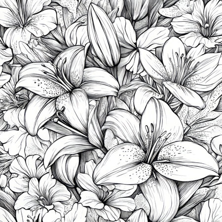 A sophisticated floral illustration with intricate linework of lilies, daisies, and peonies. The black-and-white design adds a minimalist yet timeless elegance to the piece.の素材