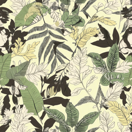 A botanical-inspired floral illustration with intricate line drawings of ferns, palms, and eucalyptus leaves in muted green, brown, and soft yellow tones. The design evokes a natural, earthy vibe.の素材