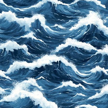 A seamless ocean waves illustration featuring rolling waves with white frothy crests and deep blue undertones. A realistic and artistic representation of the seaÃ¢â¬â¢s natural rhythm, perfect for nautical-themed designs.の素材