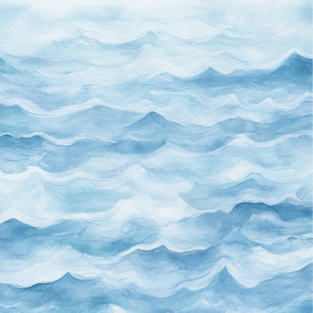 A soft watercolor ocean illustration with delicate blue hues blending into each other, creating a gentle, flowing wave texture.の素材