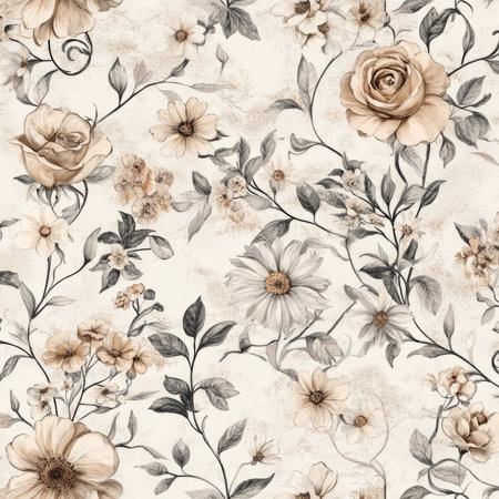 A vintage-inspired floral illustration with intricate designs of ivy, roses, and daisies in muted, earth-toned shades. The design captures the timeless beauty of old botanical illustrations with a soft, faded look.の素材