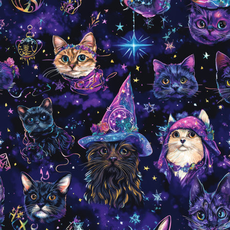A fantasy pet illustration with cats and dogs wearing magical hats and surrounded by sparkling stars, mystical symbols, and enchanted objects. The design uses vibrant, mystical colors like deep purple and midnight blue.の素材