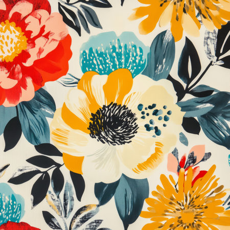 A contemporary floral illustration with oversized blooms like peonies, dahlias, and sunflowers in abstract shapes and contrasting bold colors such as turquoise, mustard yellow, and coral.の素材