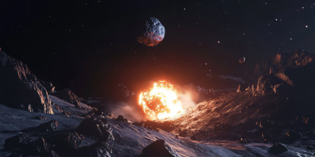 A hyper-realistic scene of an asteroid impact, with a fiery explosion sending shockwaves through the cosmos, lighting up a distant moon.の素材