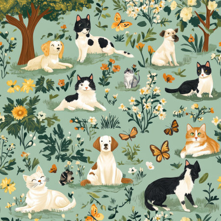 A nature-inspired pet illustration with various dog breeds and cats lounging in sunny meadows, surrounded by butterflies, flowers, and trees. The colors are fresh, with greens, yellows, and blues.の素材