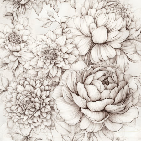 A vintage botanical floral illustration with highly detailed roses, chrysanthemums, and peonies. The intricate linework and soft, muted tones create an elegant, timeless design.の素材