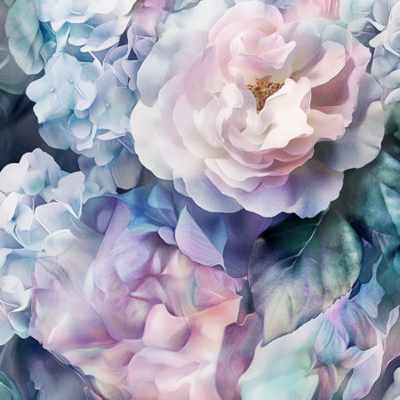 A soft watercolor floral illustration with pastel-colored roses, hydrangeas, and peonies. The fluid, dreamy design evokes a peaceful, tranquil feeling, perfect for spring-themed textiles and stationery.の素材