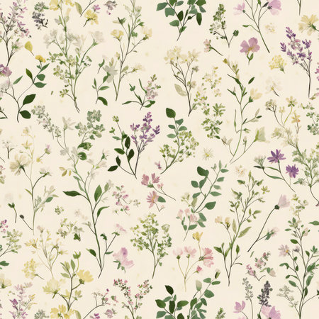 A delicate floral illustration featuring small, whimsical wildflowers like babyÃ¢â¬â¢s breath, lavender, and primroses. The design evokes a peaceful, country garden feel with soft pinks, greens, and purples.の素材