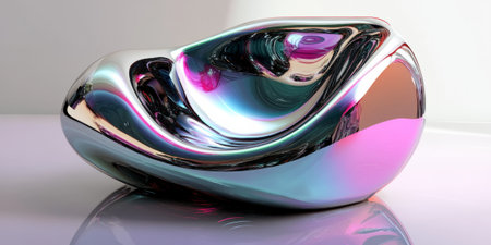 Futuristic chrome-plated liquid metal texture with reflective distortions in shifting multicolor hues.の素材