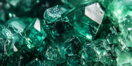 Emerald green gemstone close-up with intricate inclusions, polished glossy surfaces, and radiant highlights reflecting deep, rich colors.の素材