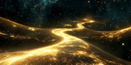 A cosmic river of golden dust flowing through deep-space, forming a surreal glowing path connecting distant galaxies.の素材