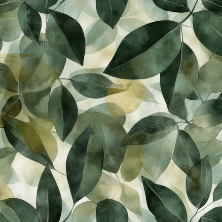 A watercolor-inspired leaf illustration with soft gradients and hand-painted effects. Deep forest greens, lighter olives, and subtle golden highlights create an elegant, flowing design for textiles and home decor.の素材