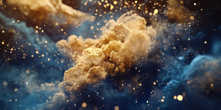Abstract cosmic dust cloud in gold and deep navy blue, blending seamlessly into a galactic background filled with radiant light bursts.の素材