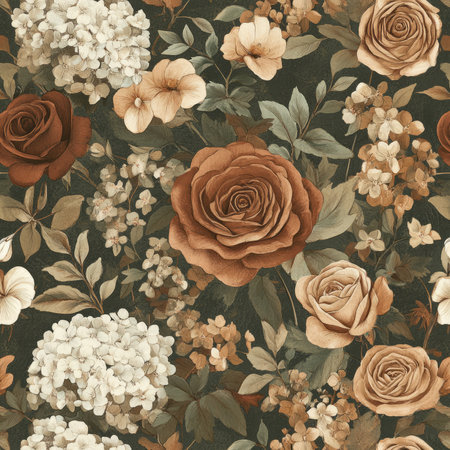 A rustic floral illustration with hand-drawn roses, hydrangeas, and vines in earthy tones of brown, burgundy, and forest green. The muted, natural colors create a grounded, vintage feel.の素材