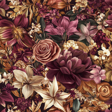 A rich, opulent floral illustration with luxurious blooms like magnolias, roses, and lilies in deep hues of red, plum, and gold. The striking colors and intricate details create a sense of grandeur and elegance.の素材