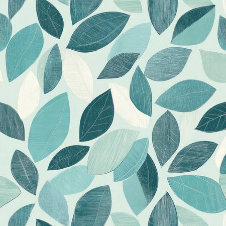 A subtle, abstract leaf illustration featuring overlapping, geometric shapes in shades of teal and pale green. The soft design brings a modern touch to botanical-themed projects.の素材