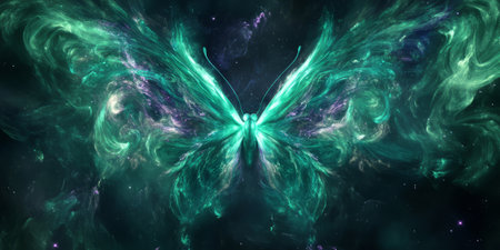 A radiant cosmic butterfly nebula in swirling shades of emerald green and violet, its gaseous wings expanding into infinity.の素材