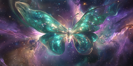 A radiant cosmic butterfly nebula in swirling shades of emerald green and violet, its gaseous wings expanding into infinity.の素材