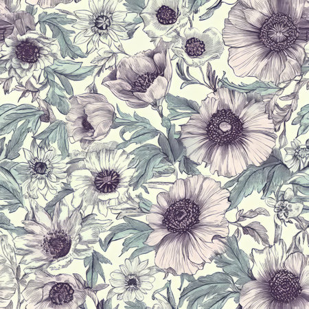 A botanical floral illustration with detailed linework of wildflowers like daisies, poppies, and lavender. The design uses soft tones of green, violet, and cream for a delicate, natural vibe.の素材