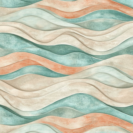 A soothing ocean wave illustration with shades of soft teal, coral, and sandy beige. The gentle rolling waves create a tranquil and inviting atmosphere, ideal for beach-inspired spaces.の素材