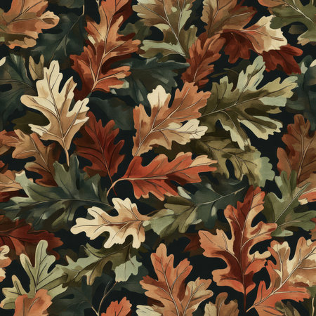 A nature-inspired leaf illustration featuring detailed oak leaves in deep greens, browns, and reds. The autumn color palette adds warmth and depth to the design, capturing the essence of fall.の素材