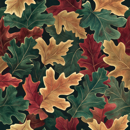 A nature-inspired leaf illustration featuring detailed oak leaves in deep greens, browns, and reds. The autumn color palette adds warmth and depth to the design, capturing the essence of fall.の素材