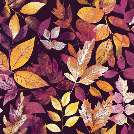 A colorful fall leaf illustration with various types of autumn leaves in shades of deep burgundy, gold, and burnt orange. The design captures the beauty of the seasonÃ¢â¬â¢s transformation, adding warmth and richness to any textile.の素材