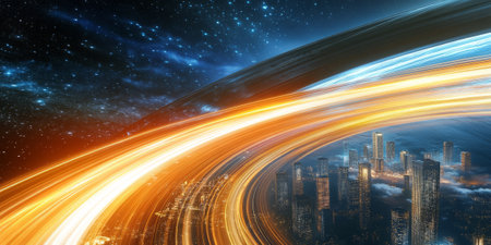 Abstract deep-space city floating above the rings of a gas giant, connected by glowing energy bridges between skyscrapers.の素材