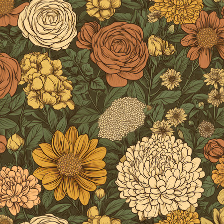 A vintage floral illustration with intricate, hand-drawn chrysanthemums, roses, and ivy in earthy tones like olive green, mustard yellow, and burnt orange. The warm colors create a cozy, retro vibe.の素材