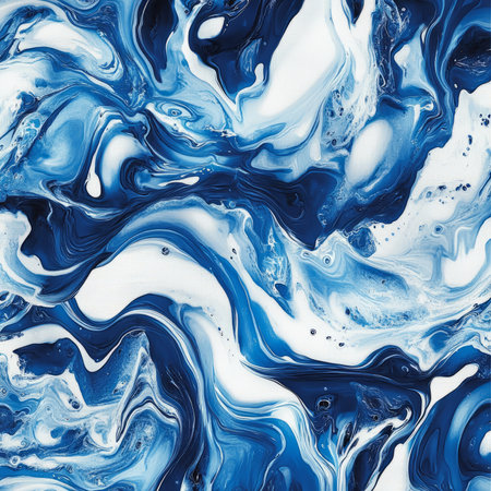 A dynamic ocean wave illustration with exaggerated, swirling curves and high contrast between bright blues and foamy whites. This energetic design captures the force and beauty of the sea, ideal for bold fashion and home decor.の素材