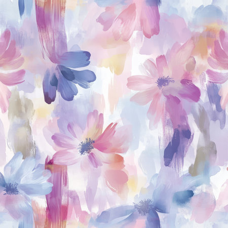 A modern, abstract floral illustration featuring soft, blurred watercolor strokes of flowers like daisies and tulips. The pastel pinks, purples, and blues give the design a dreamy, calming quality.の素材